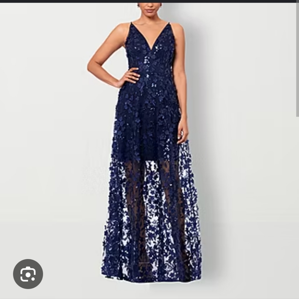 Chic Navy Blue Floral Lace High Low Dress